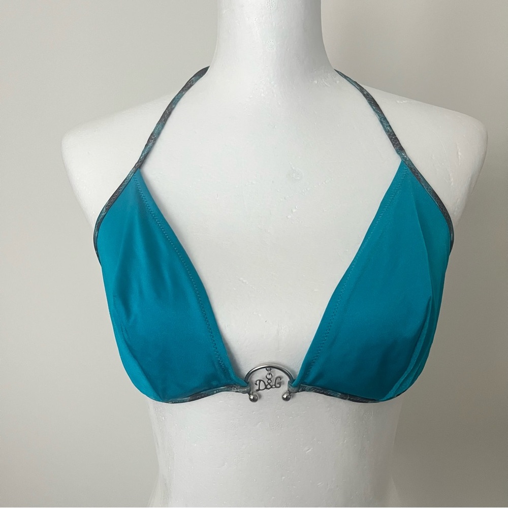 Dolce and Gabbana animal print Teal Halter Bikini Top with Logo Accent